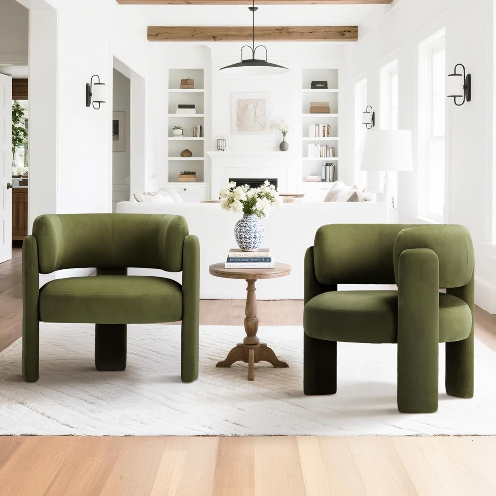 COLAMY Modern Velvet Ohrensessel 2er Set, Gepolsterter Sessel Wohnzimmer, Bequemer Runder loungesessel mit 3 Beinen für Wohnzimmer, Schlafzimmer, Leseecke, Grün Bild 1