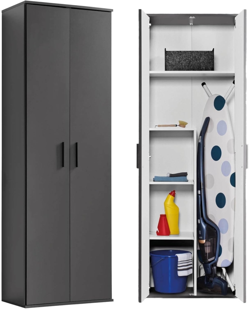 mokebo® Besenschrank 60cm Breite mit Staubsaugerfach 'Der Lange' moderner Mehrzweckschrank in Grau BZW. Schwarz Matt aus Holz, Schrank & Putzschrank | 60 x 180 x 34 (B/H/T in cm) | Anthrazit Bild 1