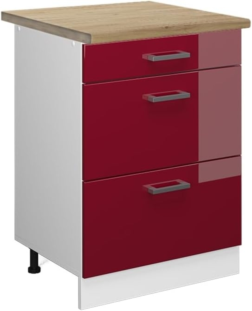 Vicco Küchenunterschrank R-Line, Bordeaux Hochglanz/Weiß, 60 cm mit Schubladen, AP Eiche Bild 1