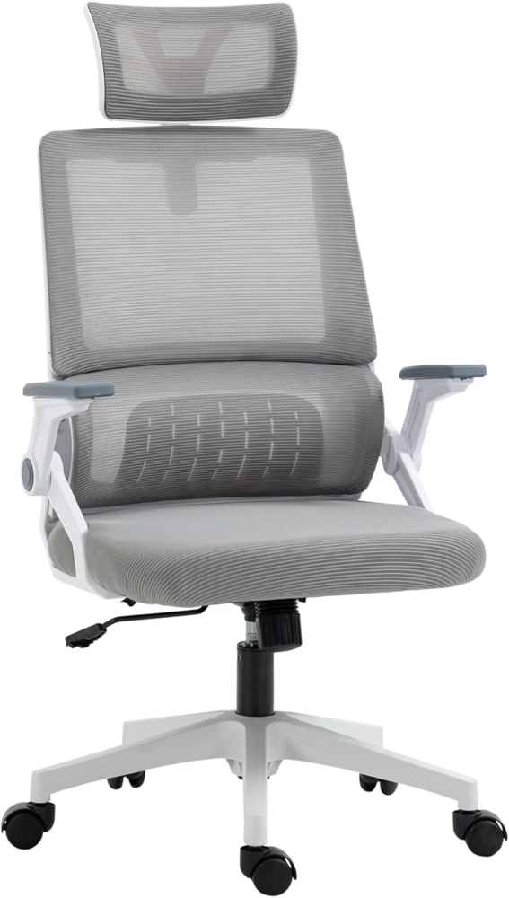 Vinsetto Bürostuhl Ergonomisch, Schreibtischstuhl mit Verstellbar Kopfstütze, Armlehne (Drehstuhl, 1 St), mit Wippfunktion, Lendenstütze, Mesh, Grau Bild 1