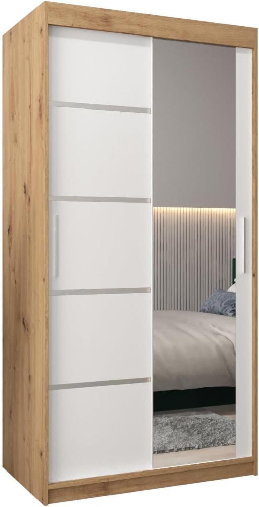 Schwebetürenschrank Verona 2-100 cm mit Spiegel Kleiderschrank mit Kleiderstange und Einlegeboden Schlafzimmer- Wohnzimmerschrank Schiebetüren Modern Design (Artisan Eiche + Weiß) Bild 1