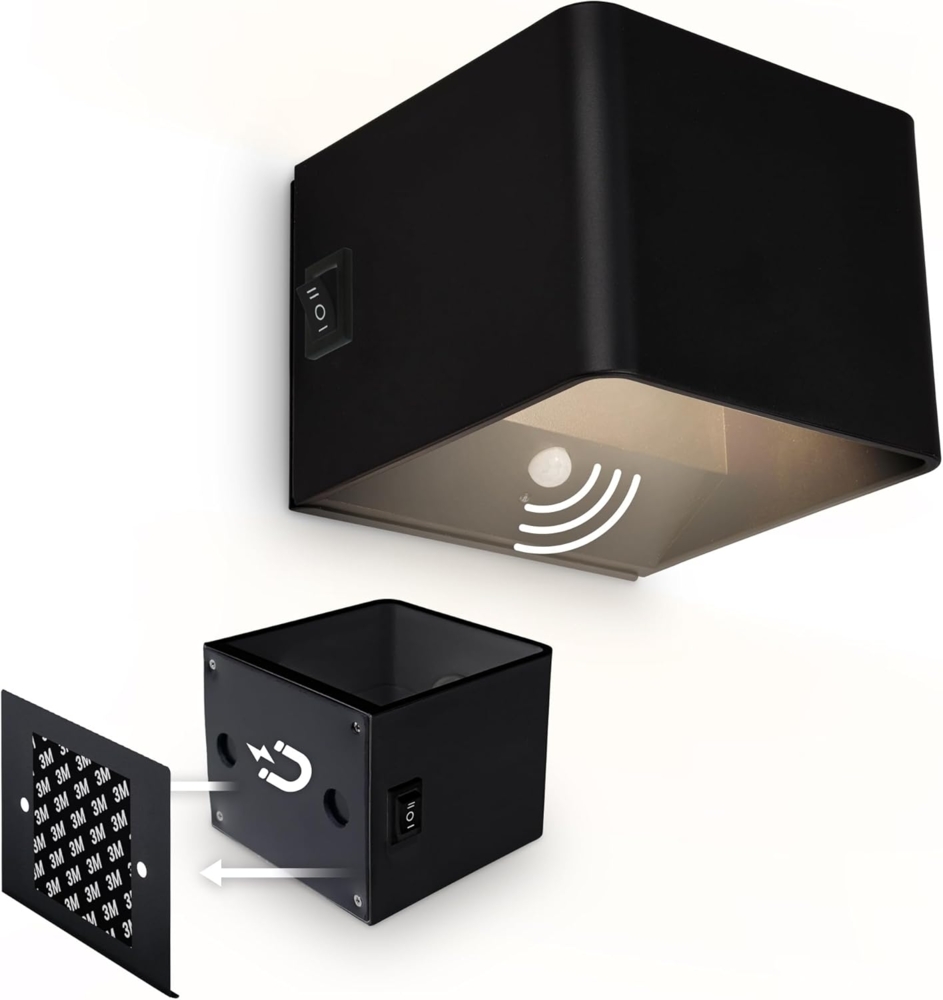 BRILONER Sticklights - LED Wandleuchte ohne Stromanschluss und ohne Bohren mit Bewegungsmelder, Akku, magnetisch abnehmbar, Wandlampe zum Kleben, Leselampe, Wohnzimmerlampe, Flur, 10 x 8 x 10 cm, Schwarz Bild 1