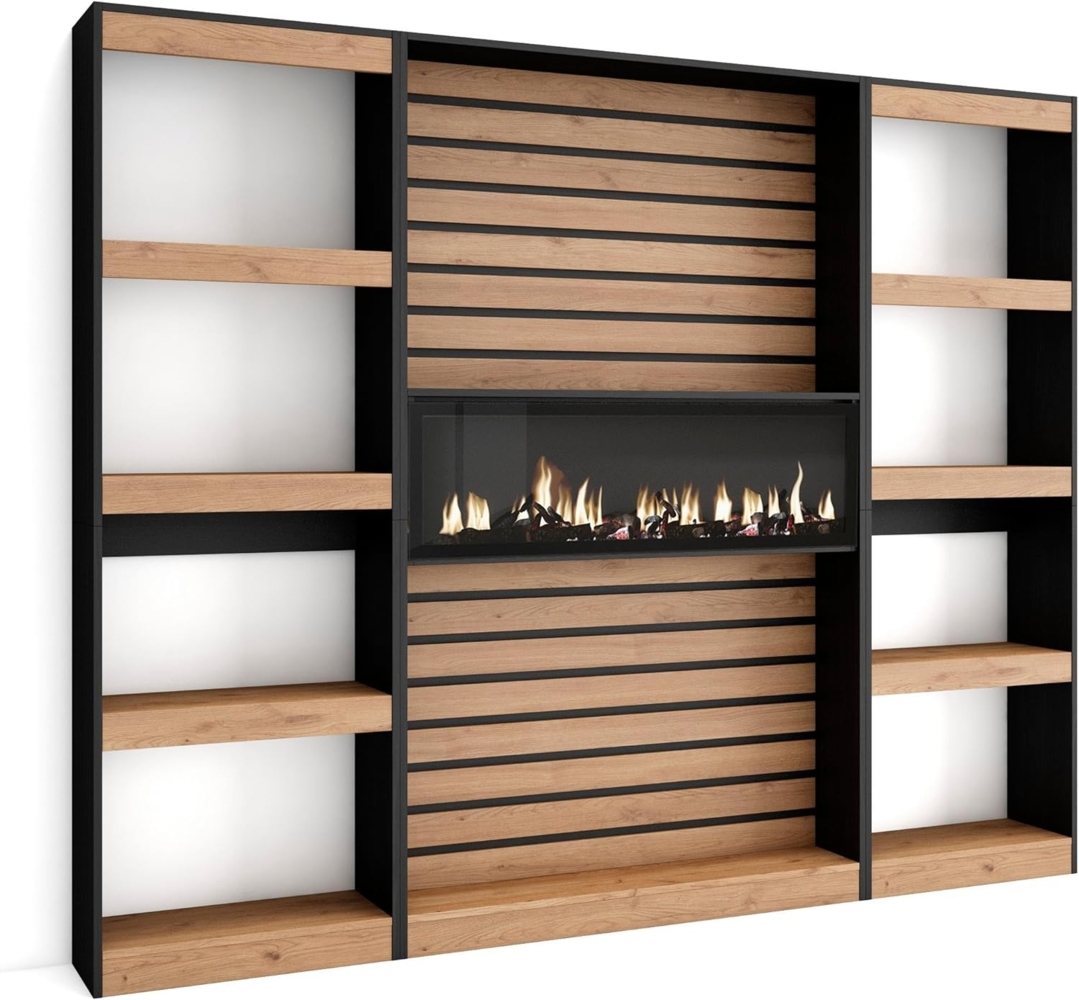 Skraut Home | Bücherregal Bibliothek | Bookshelf, Bookcase | 230 x 186 x 25 cm | Wohnzimmer, Esszimmer, Büro | Elektrokamin | Moderner Stil | Eiche Schwarz Bild 1