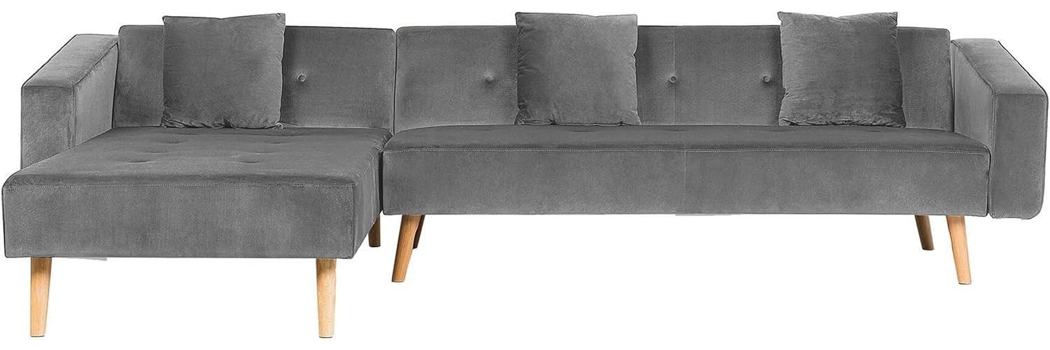 Ecksofa mit Schlaffunktion Samtstoff grau rechtsseitig VADSO Bild 1