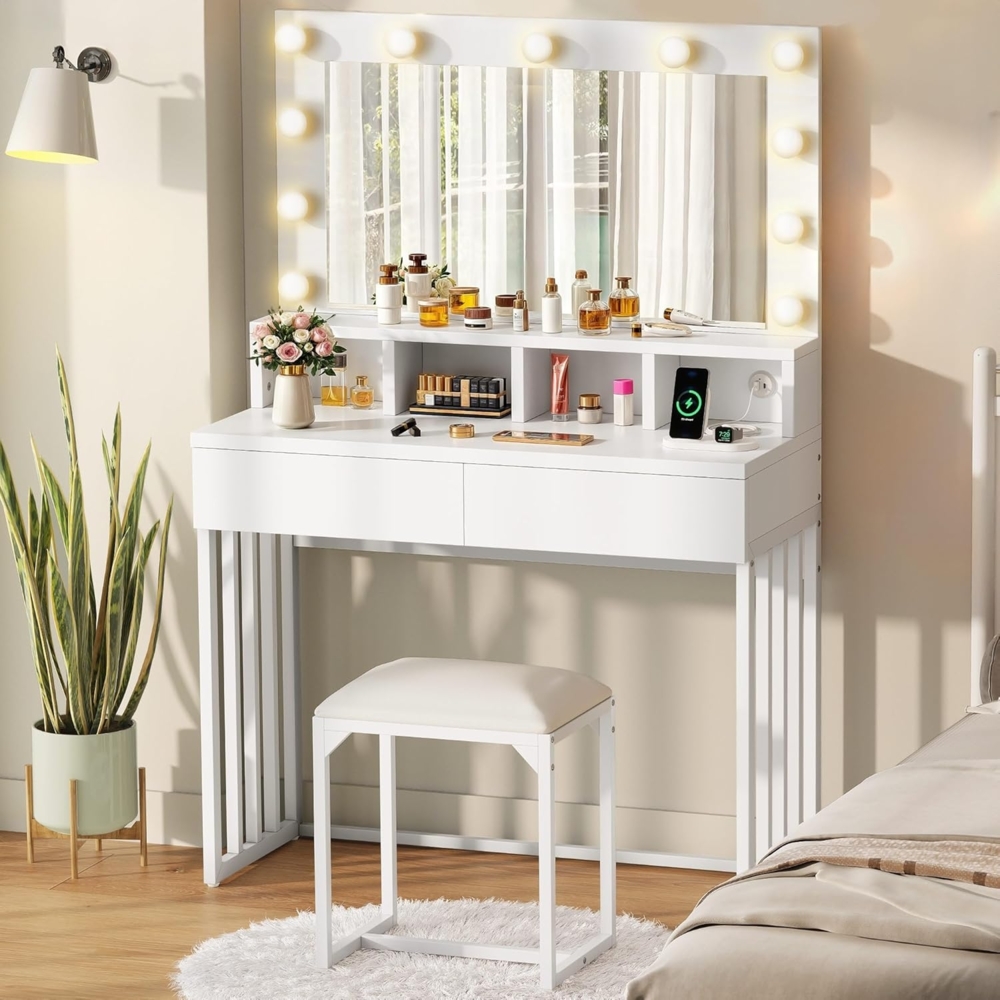 YITAHOME Schminktisch mit Hocker LED-Beleuchtung Hollywood, 3 Farben mit Einstellbarer Helligkeit, Schminktisch mit Spiegel 2 USB-Ladeports Kosmetiktisch mit Spiegel, 2 Schubladen für Schlafzimmer Bild 1
