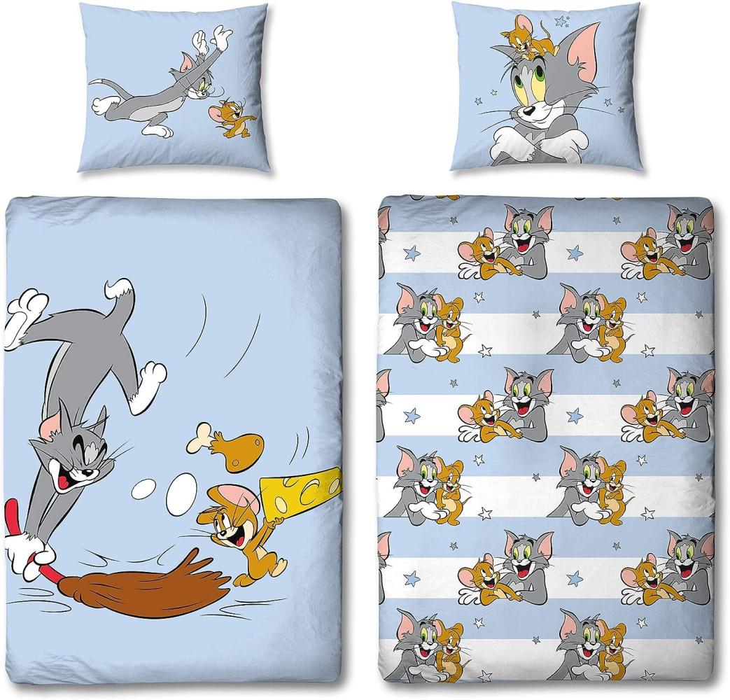 Tom und Jerry Kinderbettwäsche Set 135x200 80x80 cm in hellblau aus 100% Baumwolle mit Wendemotiv Mäusejagd Bild 1