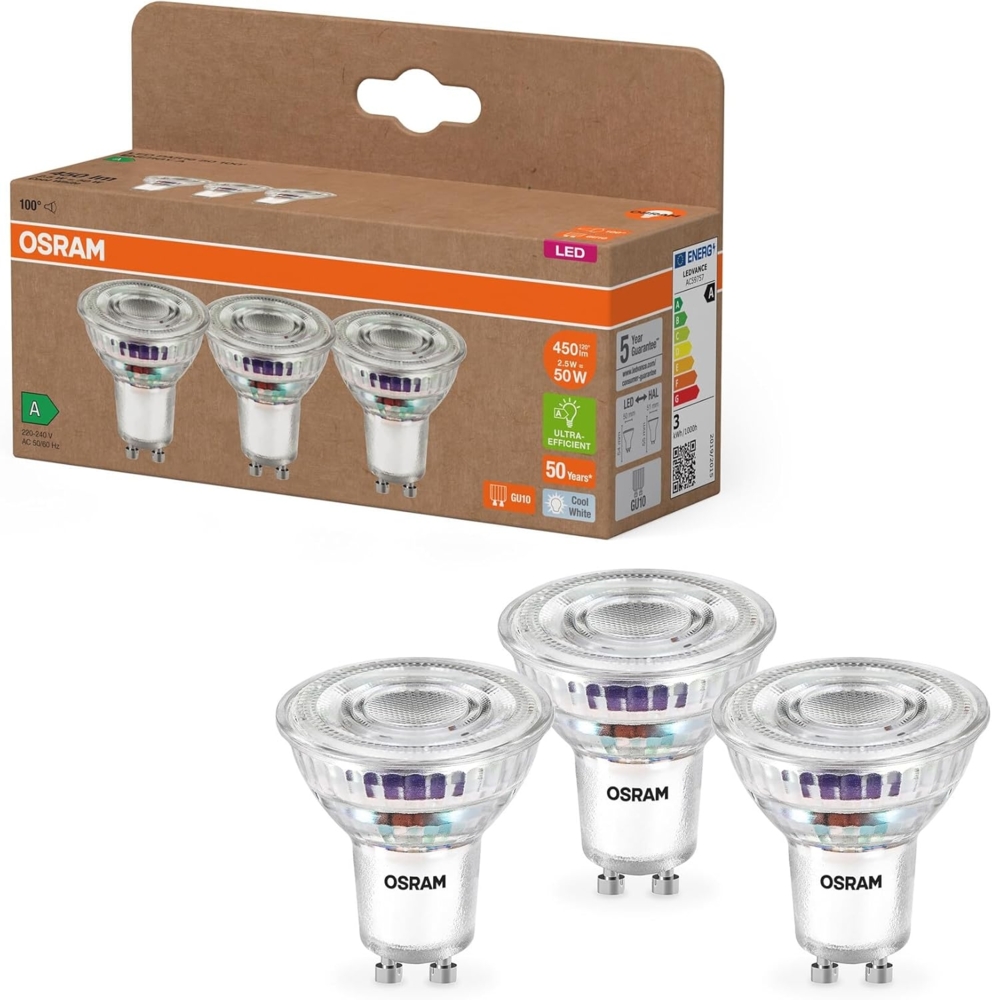 Osram Energy Class LED-Reflektor-Lampe PAR16 mit 2.5 W, 450 lm, kaltweiß (4000 K) aus bleifreiem Glas mit GU10 Sockel in der Energieeffizienzklasse A, 50 mm Durchmesser, IP20. Bild 1