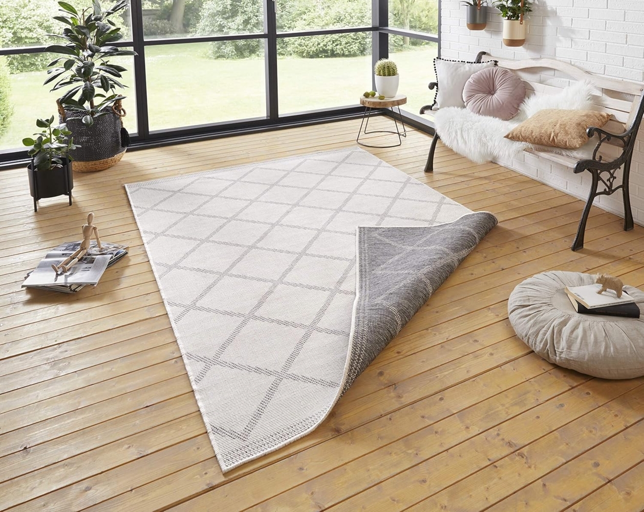 NORTHRUGS In- und Outdoor Teppich Corsica 240x340 cm - Wendeteppich Wetterfest Modern Geometrisches Muster Teppich für Balkon Terrasse Garten Wintergarten Wohnzimmerteppich Wasserfest in Grau Creme Bild 1