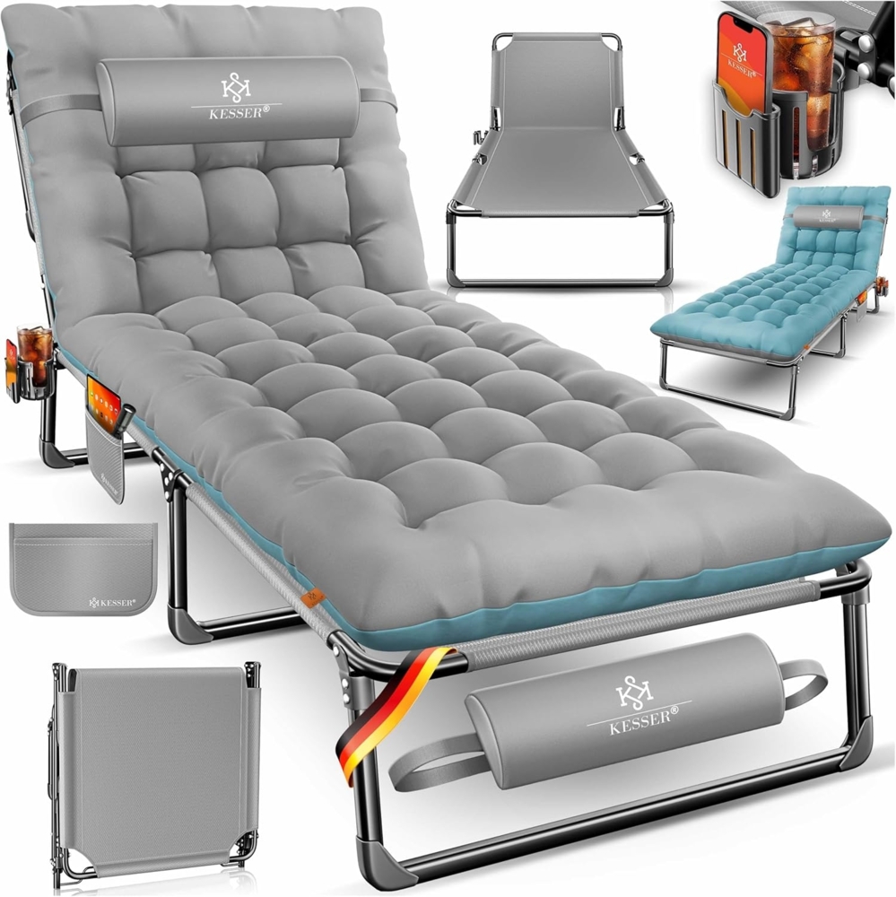 KESSER Campingbett klappbar mit Tragetasche, Nackenkissen, Vakuumtasche & Getränkehalter, Oxford-Gewebe grau / blau, 68 x 190 x 30 cm Bild 1