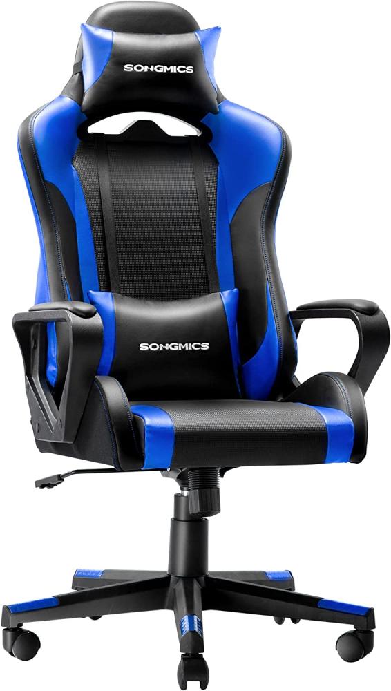 Gaming Stuhl, Schreibtischstuhl, Computerstuhl, Bürostuhl, abnehmbare Kopfstütze, Lendenkissen, höhenverstellbar, Wippfunktion, bis 150 kg belastbar, ergonomisch, schwarz-blau RCG011B02 Bild 1