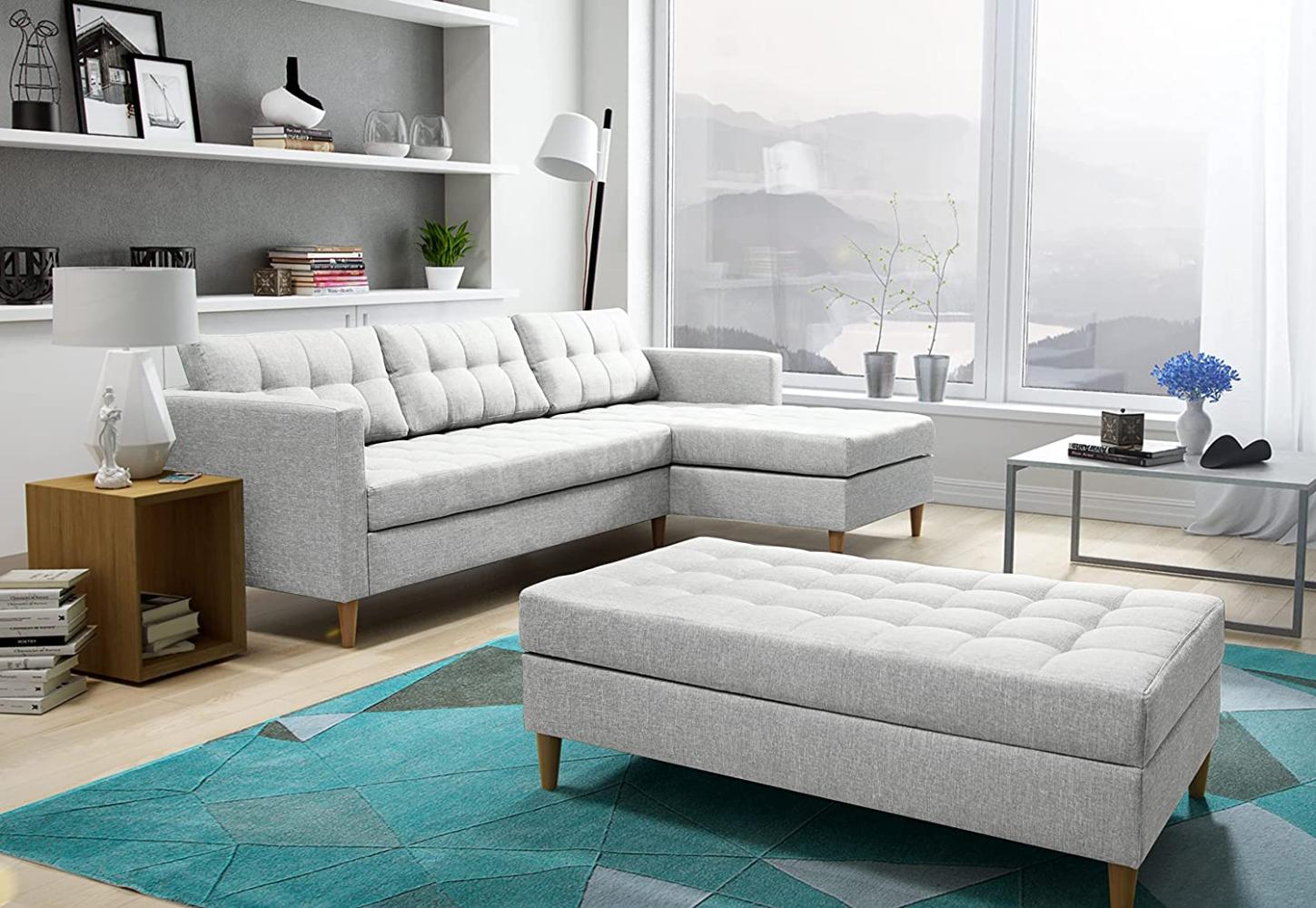 FURNIX Ecksofa NORGEN II Eckcouch mit Bettfunktion - Edle Wohnzimmersofa mit Hocker, Federkern, Holzfüßen - L-Form Sofa Links/rechts, B 220 x T 154 x H 86 cm, Bettfunktion SW 84 (hell grau) Bild 1