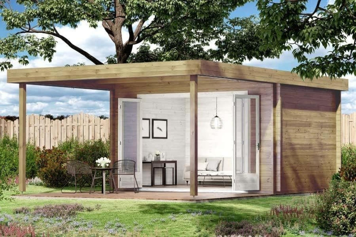 Alpholz Gartenhaus Holstein-40 mit großer Falttür Gartenhaus aus Holz Holzhaus mit 40 mm Wandstärke inklusive Terrasse Blockbohlenhaus mit Montagematerial Bild 1