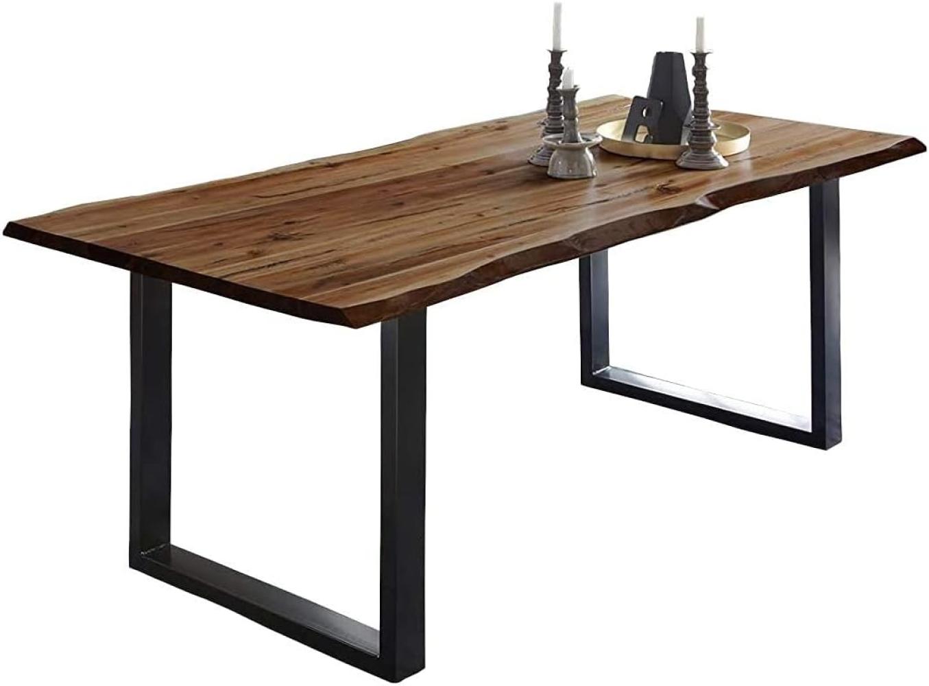 SAM Baumkantentisch 180x90 cm Mephisto, Akazienholz massiv + nussbaumfarben lackiert, Esstisch mit schwarz lackiertem U-Gestell, Esszimmertisch/Holztisch im Industrial-Design, Tischplatte 26 mm Bild 1