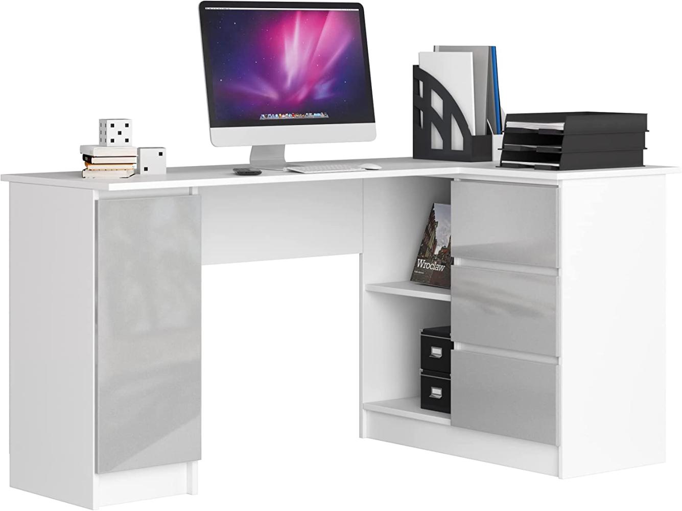 AKORD Eck-Schreibtisch B-20 mit 3 Schubladen, 2 Ablagen und einem Regalfach mit Tür | ecktisch | Eck Schreibtisch für Home Office | Einfache Montage | B155 x H77 x T85, 60 kg Weiß/Metallic-Glanz Bild 1