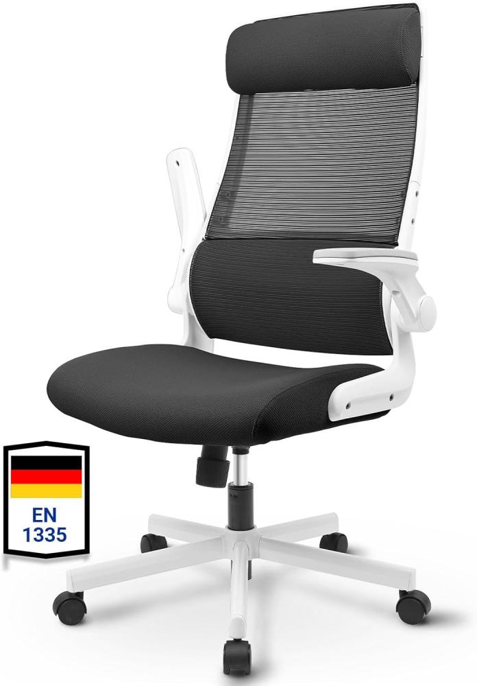 MELOKEA Bürostuhl Ergonomisch, Schreibtischstuhl aus Mesh mit Hochklappbaren Armlehnen, Computer Drehstuhl mit Verstellbare Kopfstützenarme und Lendenwirbelstütze (Black) Bild 1