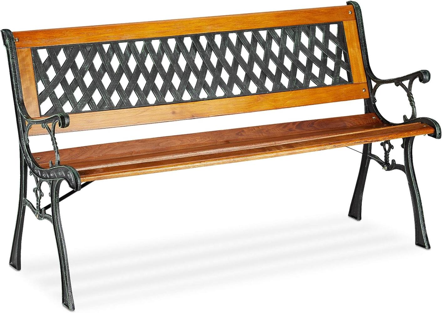 Relaxdays - Gartenbank, 2-Sitzer, dekorative Rückenlehne, Gusseisen, Holzstreben, Parkbank, HxBxT 73 x 125 x 52 cm, natur Bild 1