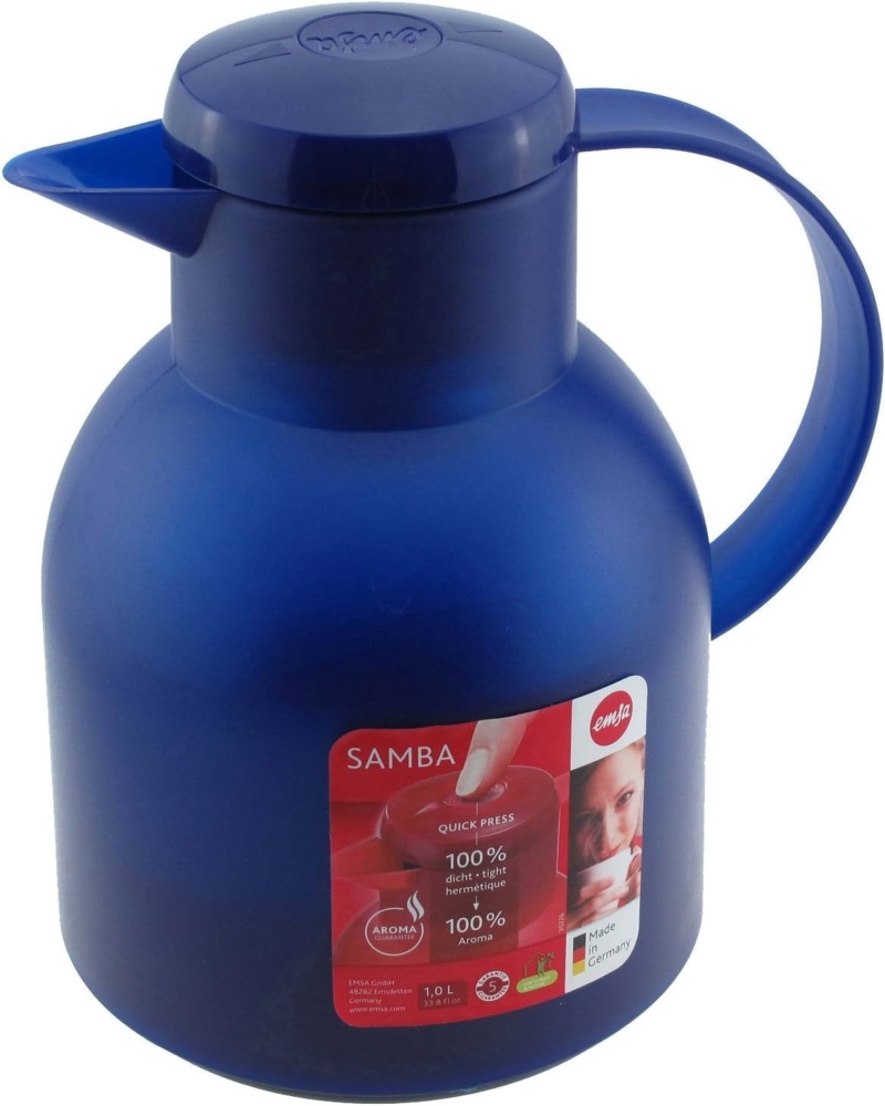 Emsa Samba Isolierkanne 504231 | 1 Liter | Quick Press Verschluss | 100% dicht | 12h heiß, 24h kalt | Transluzent Blau | Polypropylen Bild 1