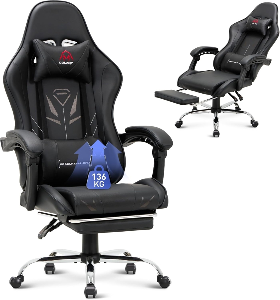 COLAMY Gaming Stuhl, Computer Stuhl mit Fußstütze und Lendenwirbelstütze, höhenverstellbarer Gaming Chair mit 360°-Drehsitz und Kopfstütze, Video Gamer PC Stuhl, Ergonomische hohe Rückenlehne, Schwarz Bild 1