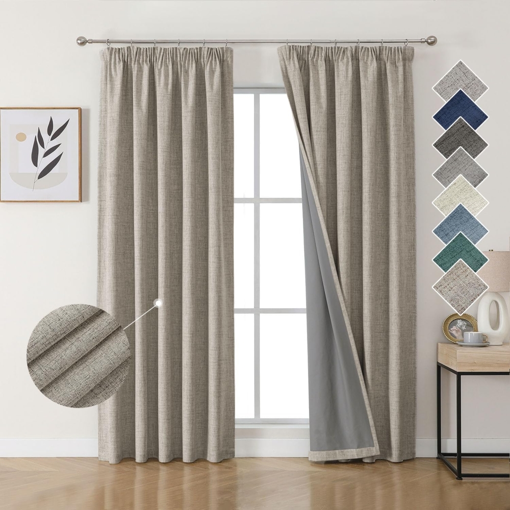 Joydeco 100% Verdunkelungsvorhänge Leinen Gardinen mit Kräuselband 2er Set H229xB132cm Leinen, Thermovorhang Kälteschutz Blickdicht Schallschutz Ideal für Wohnzimmer passt zu Schienensystemen Bild 1