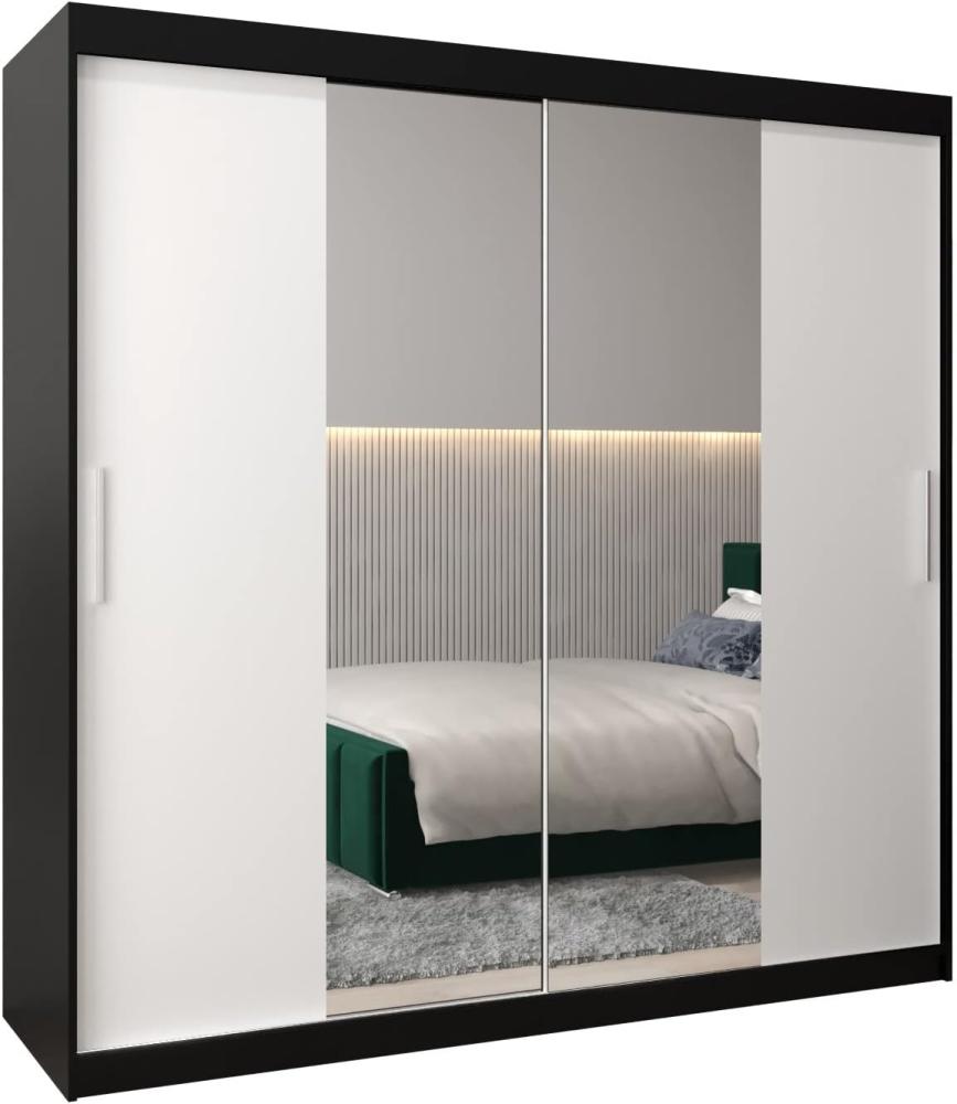 Kryspol Schwebetürenschrank Tokyo 1-200 cm mit Spiegel Kleiderschrank mit Kleiderstange und Einlegeboden Schlafzimmer- Wohnzimmerschrank Schiebetüren Modern Design (Schwarz + Weiß) Bild 1