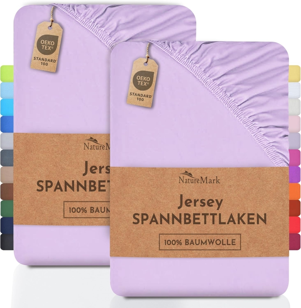 NatureMark 2er Pack Jersey Spannbettlaken, Spannbetttuch 100% Baumwolle in vielen Größen und Farben MARKENQUALITÄT ÖKOTEX Standard 100 | 90 x 200 cm - 100 x 200 cm - Flieder/Lavendel Bild 1