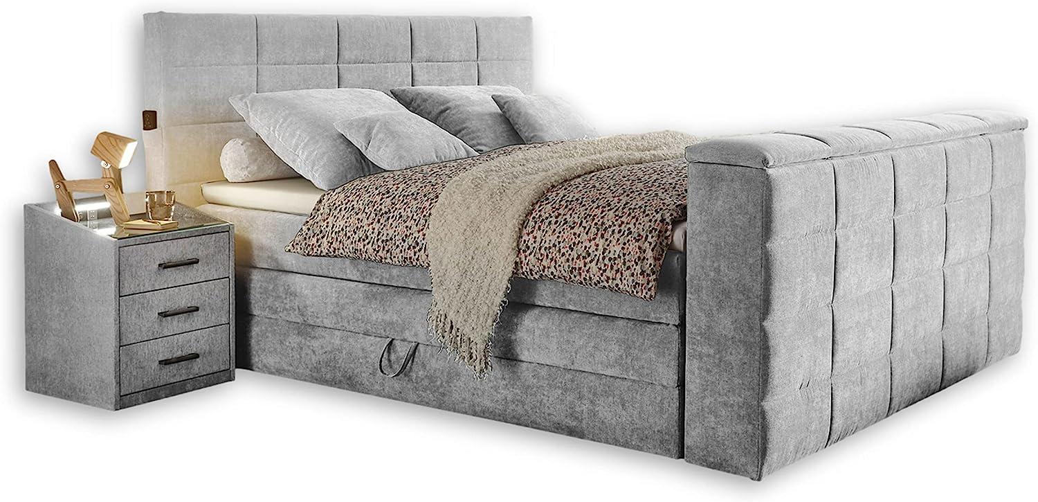 DENVER 6 Boxspringbett 180x200 mit Bettkasten, Silber - Bequemes Doppelbett mit 7-Zonen Federkern Matratze und Topper - 202 x 123 x 240 cm (B/H/T) Bild 1