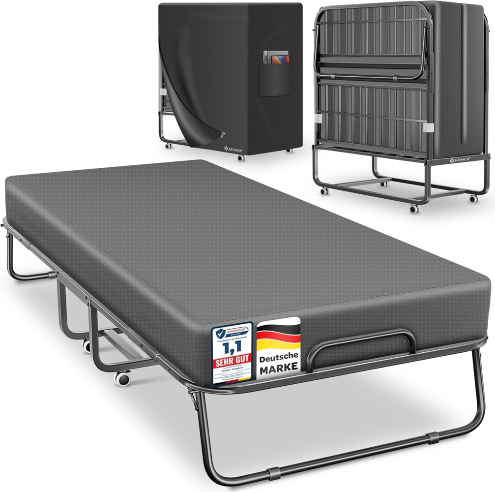 KESSER® Klappbett 200x90cm Gästebett inkl. Matratze aus Memory-Schaum & Rollen | faltbares Reisebett mit Metallrahmen für Erwachsene belastbar bis 250kg | Metallbett mit Schaumstoffmatratze & Cover Anthrazit, Premium Komfort Bild 1