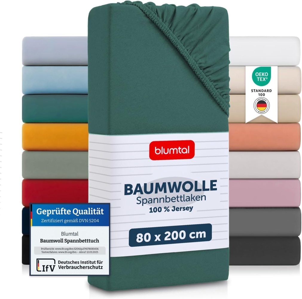 Blumtal® Baumwolle Spannbettlaken 80x200 cm Basics Jersey im 2er Set - Bettlaken 80x200 cm - OEKO-TEX zertifiziertes Spannbetttuch 80x200 cm - Matratzenbezug 80x200 cm - Leintuch - Silver Pine Bild 1