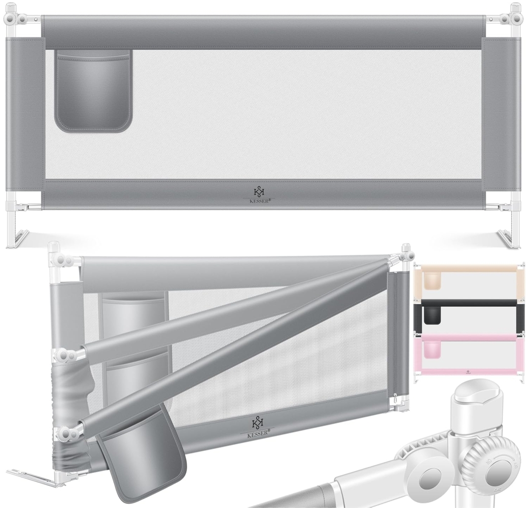 KESSER® Bettgitter 200cm Bettschutzgitter Kinderbettgitter für Kinder Babybettgitter Klappbar, Kinderbett Kinderbettschutzgitter Rausfallschutz, Bett & Elternbett hoch: 72 bis 96cm Grau Bild 1