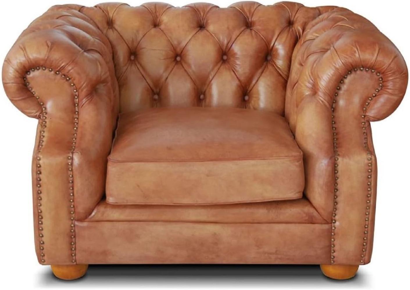 Casa Padrino Luxus Chesterfield Leder Sessel 125x100 x H. 80 cm - Verschiedene Farben - Echtleder Wohnzimmer Sessel - Chesterfield Wohnzimmer Möbel, Vintage Cognac Bild 1