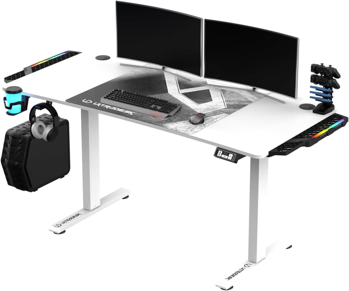 ULTRADESK Level RGB LED | Gaming-Schreibtisch mit elektrischer Höhenverstellung | Interner Speicher für 2 Einstellungen | Steckdosenleiste, XXL-Mauspad | Stahlgestell, Weißes Pad, 140x66 cm Bild 1