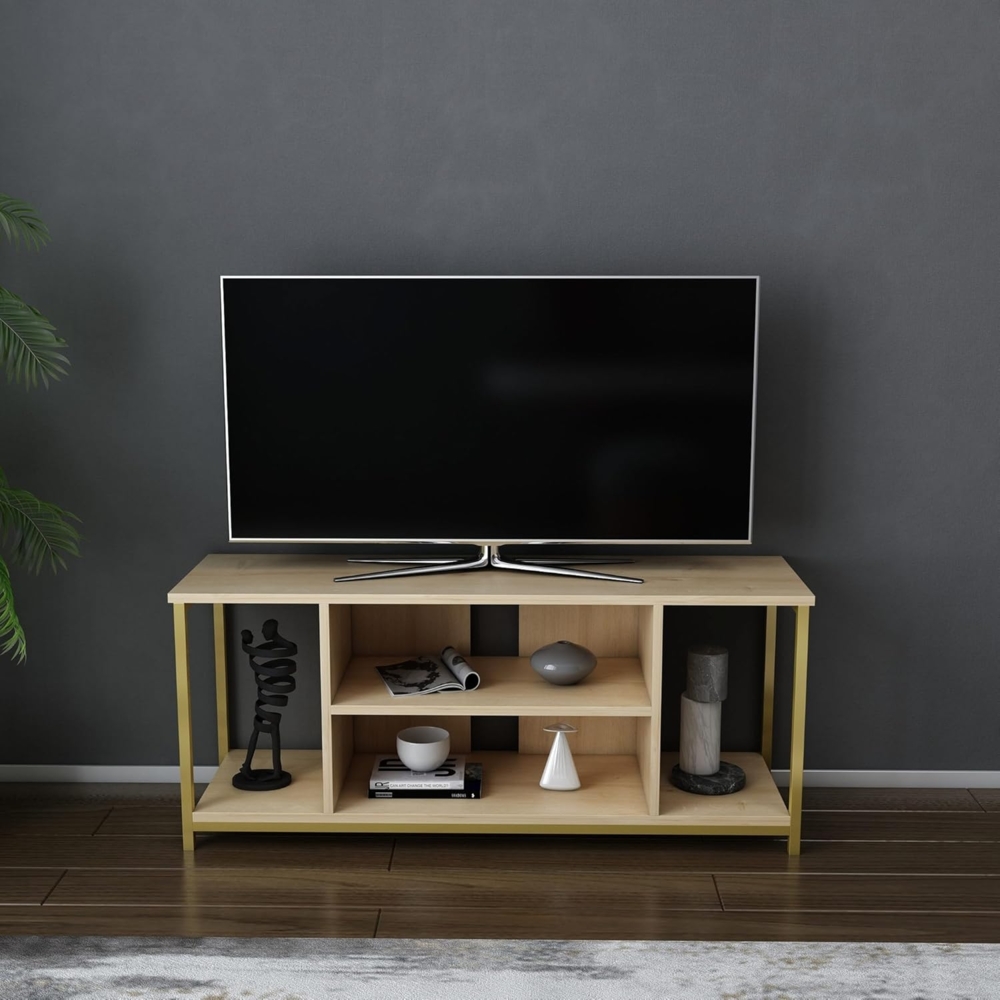 Hanah Home Glamorous TV Stand, Gold & Oak, 120 x 35 x 50.8 cm | 100% Melamine Coated Particle Board, 18 mm Thick, Sturdy Metal Frame | Stylish & Functional Design for Modern Living Rooms Bild 1