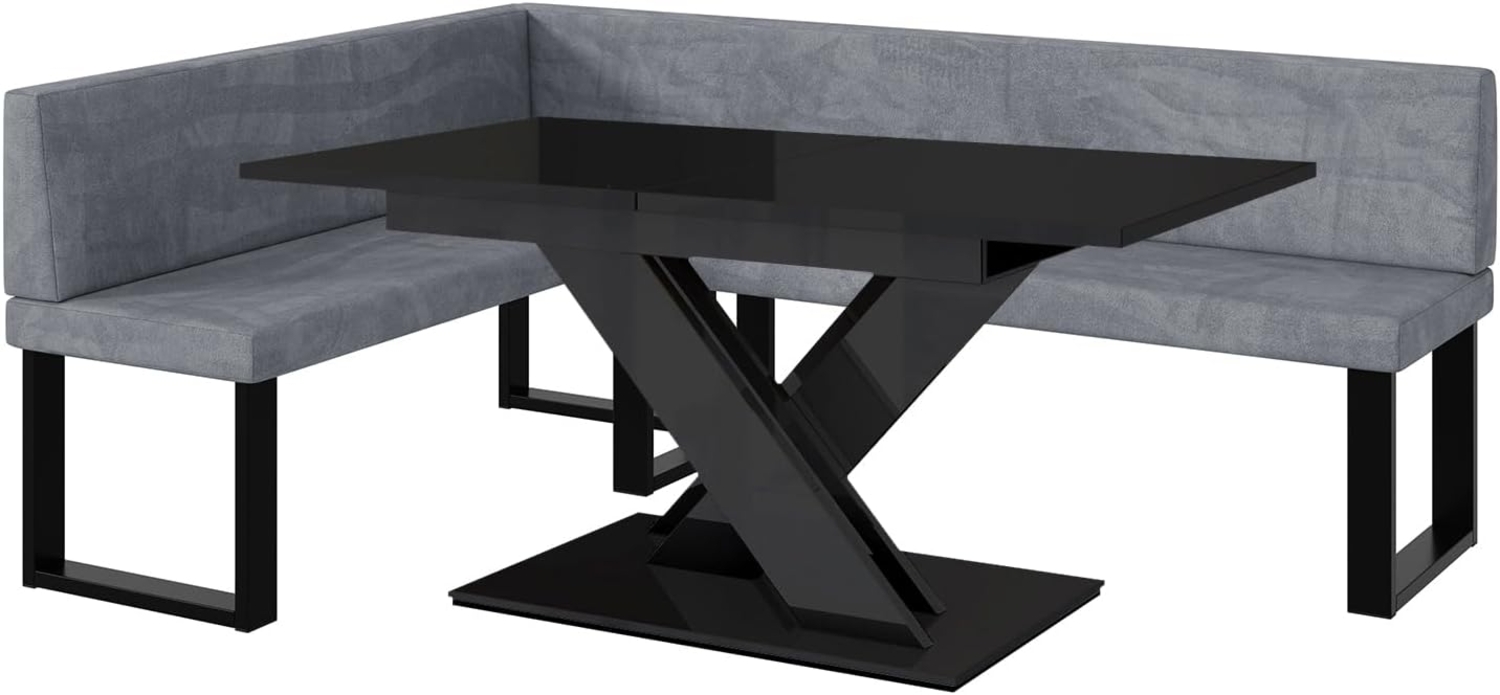 MEBLINI Eckbank für Esszimmer mit ausziehbarem Tisch - Küchenbank - Essecke - Sitzecke Küche - TONI - U-Beine 142x196x87cm Links - Grau Samt/B Schwarz Hochgl. Bild 1