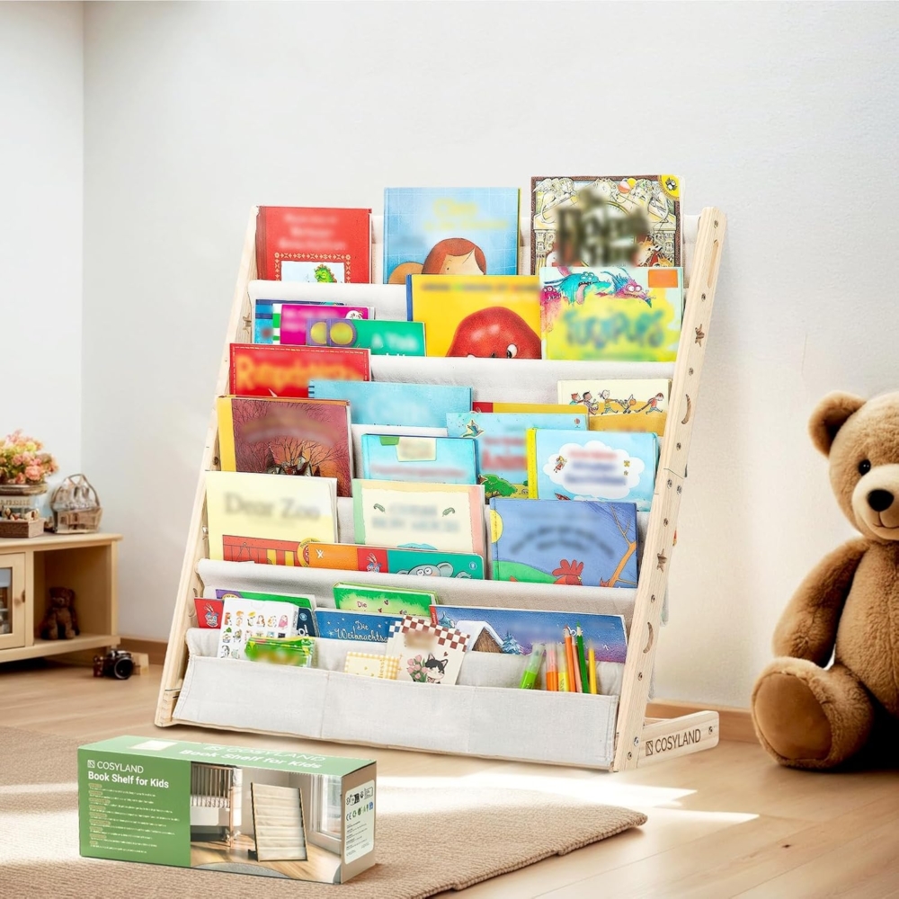 COSYLAND Bücherregal Kinder mit 6 Oxford-Stoff Fächern - Kinderbücherregal aus Naturholz - Bücherregal Kinderzimmer mit abgerundeten Ecken & großer Kapazität 75L x 30B x 76H cm(Naturholzfarbe) Bild 1