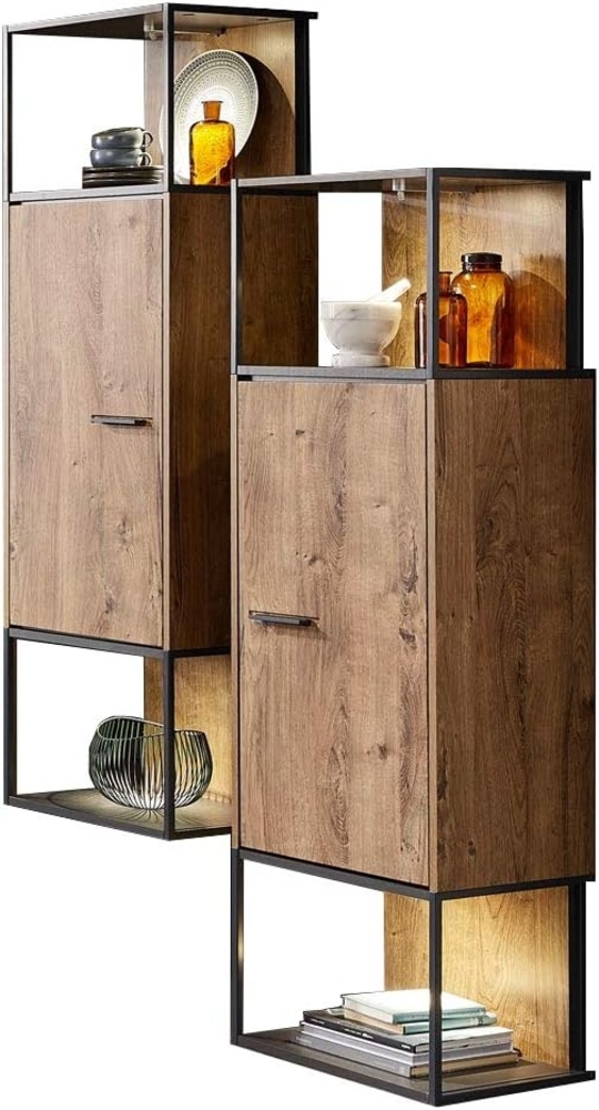 Moderne Industrial Stand-/Hängevitrine in Haveleiche Cognac mit Matera anthrazit MINNEAPOLIS-55 inkl. LED-Beleuchtung, B/H/T ca: 45/156/38 cm Bild 1