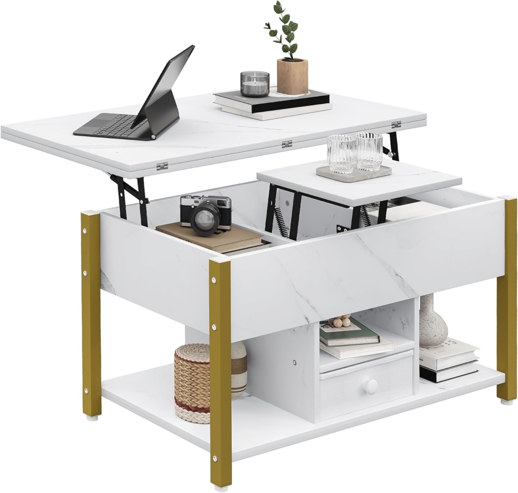 YITAHOME Couchtisch mit Höhenverstellbarer, 4-in-1-Multifunktions-Couchtisch mit Stauraum, Couchtisch lässt Sich in einen Esstisch für das Wohnzimmer umwandeln, Weißer Marmor Bild 1