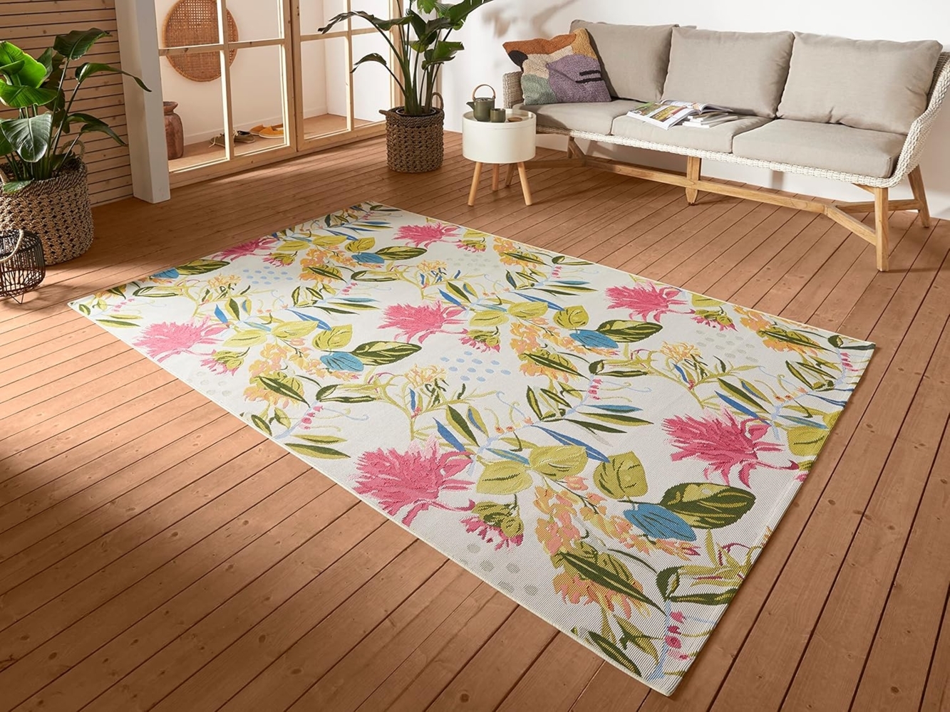 Hanse Home Flowers and Leaves In- & Outdoor Teppich – Flachgewebe, Tropical Jungel Florales Blumen Design, ÖKO-TEX Wetterfest & UV-beständig für Balkon, Terrasse, Garten, Wohnzimmer - Bunt, 120x180 cm Bild 1