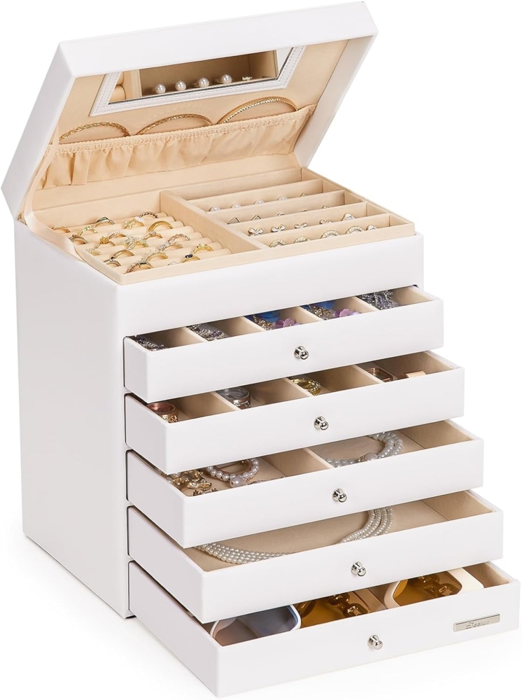 Yorbay Schmuckkasten Schmuckkästchen mit 6 Ebenen, 5 Schubladen (Mit Spiegel), zwei Farben, für Halsketten, Ringe, Armbänder, Ohrringe Bild 1