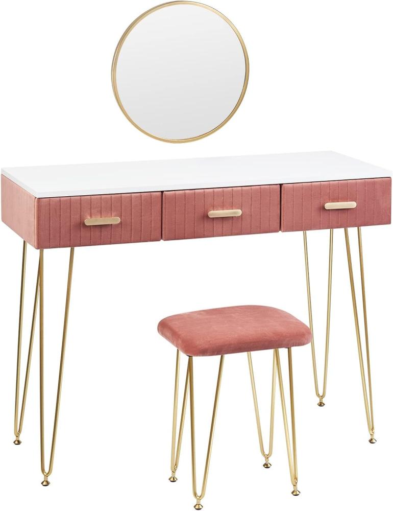 WOLTU MB6080rs Schminktisch mit Hocker Spiegel Frisiertisch mit Schubladen Große Tischplatte 100x40cm, Modern Kosmetiktisch für Schlafzimmer, Rosa Bild 1