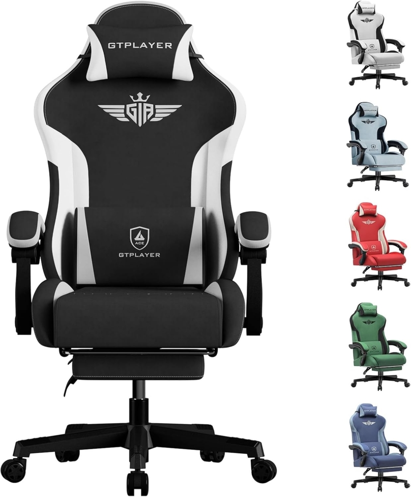 GTPLAYER Gaming Stuhl, Ergonomischer Gamer Stuhl aus Stoff mit Lendenwirbelstütze, PC-Stuhl mit verbreiterter Rückenlehne, Belastbar bis 150 kg, Schwarz Bild 1