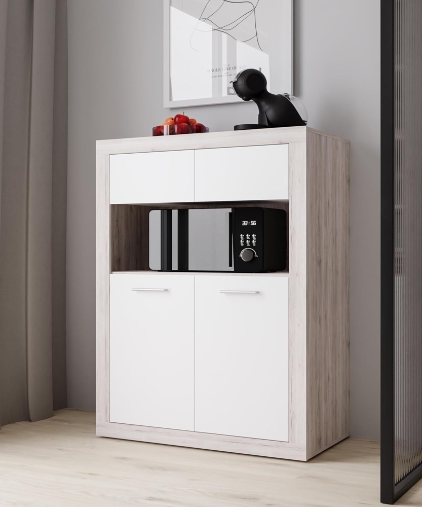 Forte BACCIO Schrank 90 100, modernes Highboard für Wohn-/Esszimmer, 4-türig, offenes Fach, Holzwerkstoff, Sandeiche Holzdekor|Weiß, 93 cm breit x 136,7 cm hoch x 51,7 cm tief Bild 1