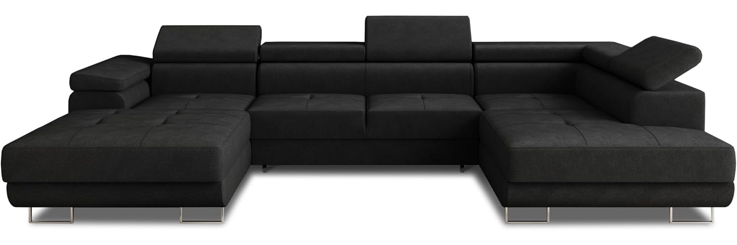 Wohnlandschaft Caris U mit Schlaffunktion, einstellbare Kopfstützen und zwei Bettkästen (Schwarz (Kronos 07), Ecksofa Links) Bild 1