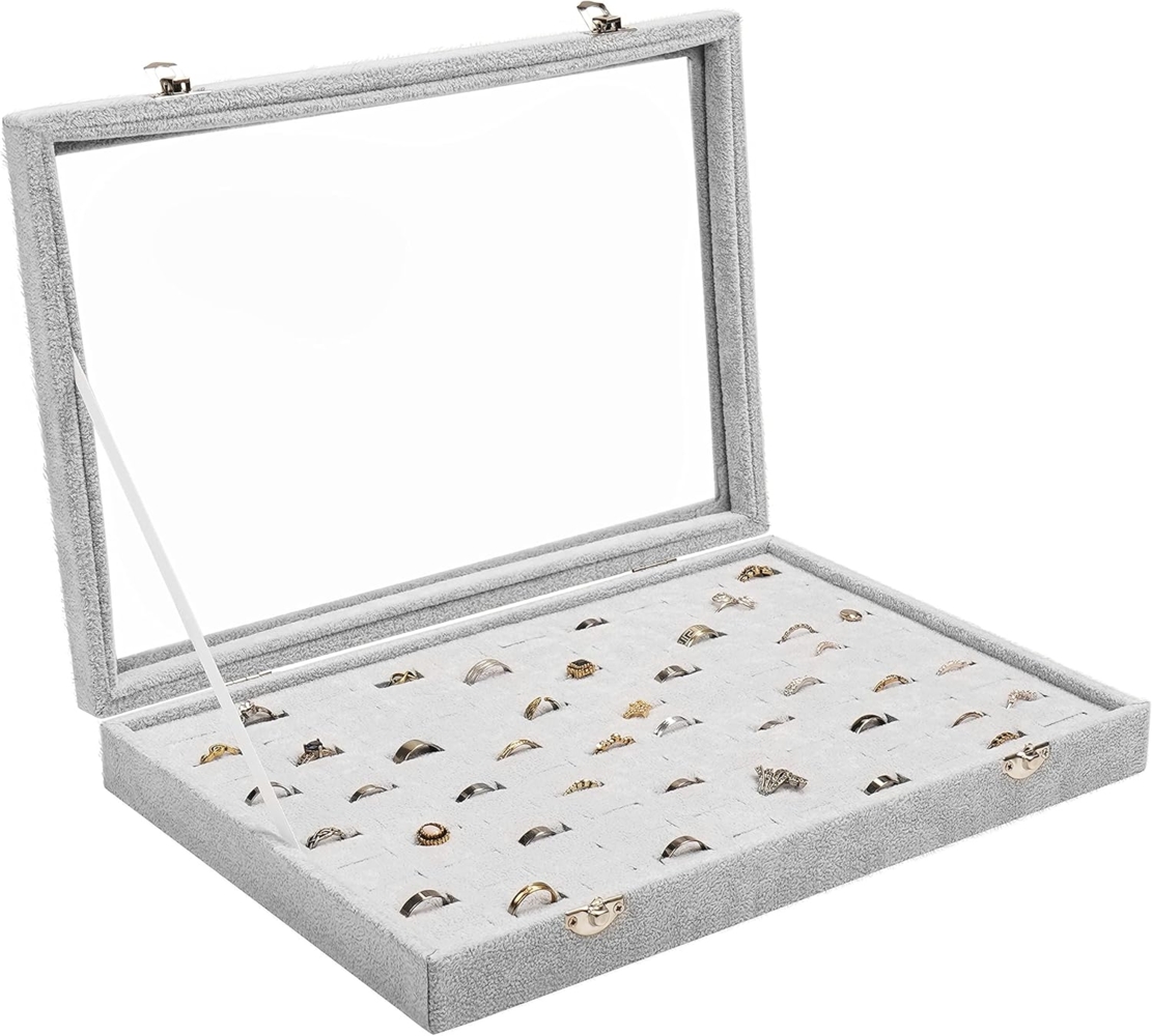 Belle Vous Schmuckständer Graue Schmuckaufbewahrungsbox: Ringbox mit 100 Fächern & Glasdeckel, Jewelry Storage Box: Gray Ring Box with 100 Compartments & Glass Lid Bild 1