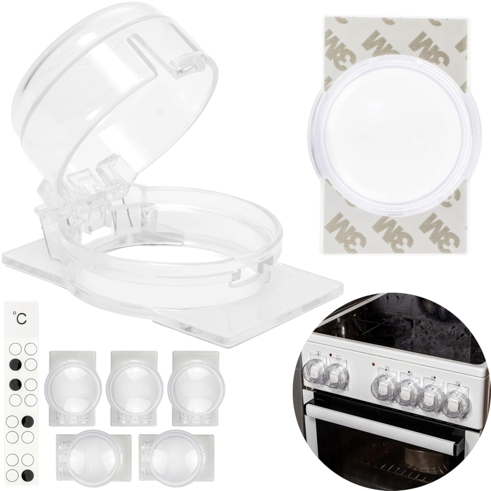 Herdknopf Kindersicherung, 6 Pack, Montage ohne Knopf Demontage, für max. Ø 4,9 cm und 4 cm hohe Herdknöpfe Schutz mit min. 6,1 cm Abstand Mitte-Mitte, transparenter Kleber, Herdschutz Baby Sicherung Bild 1