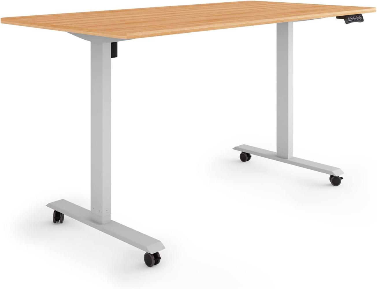 ESMART Germany ETX-121GM 160x80cm Ahorn Dekor Ergonomischer Steh-Sitz-Schreibtisch auf Rollen Stufenlos elektrisch höhenverstellbar 78,5-128,5cm 3X Memory Aktivitätserinnerung Soft-Start/Stopp Bild 1