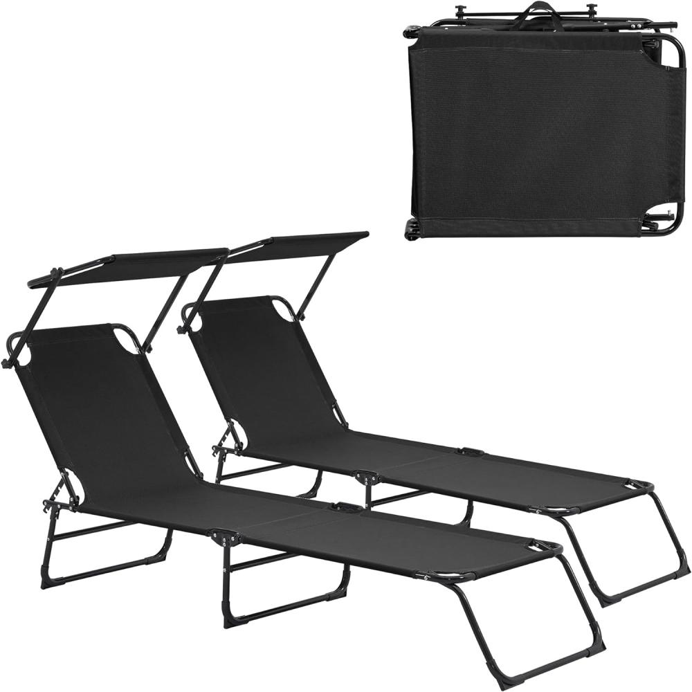 2er Set Sonnenliege Lomeda mit Sonnendach 187x53x27cm Schwarz [casa. pro] Bild 1