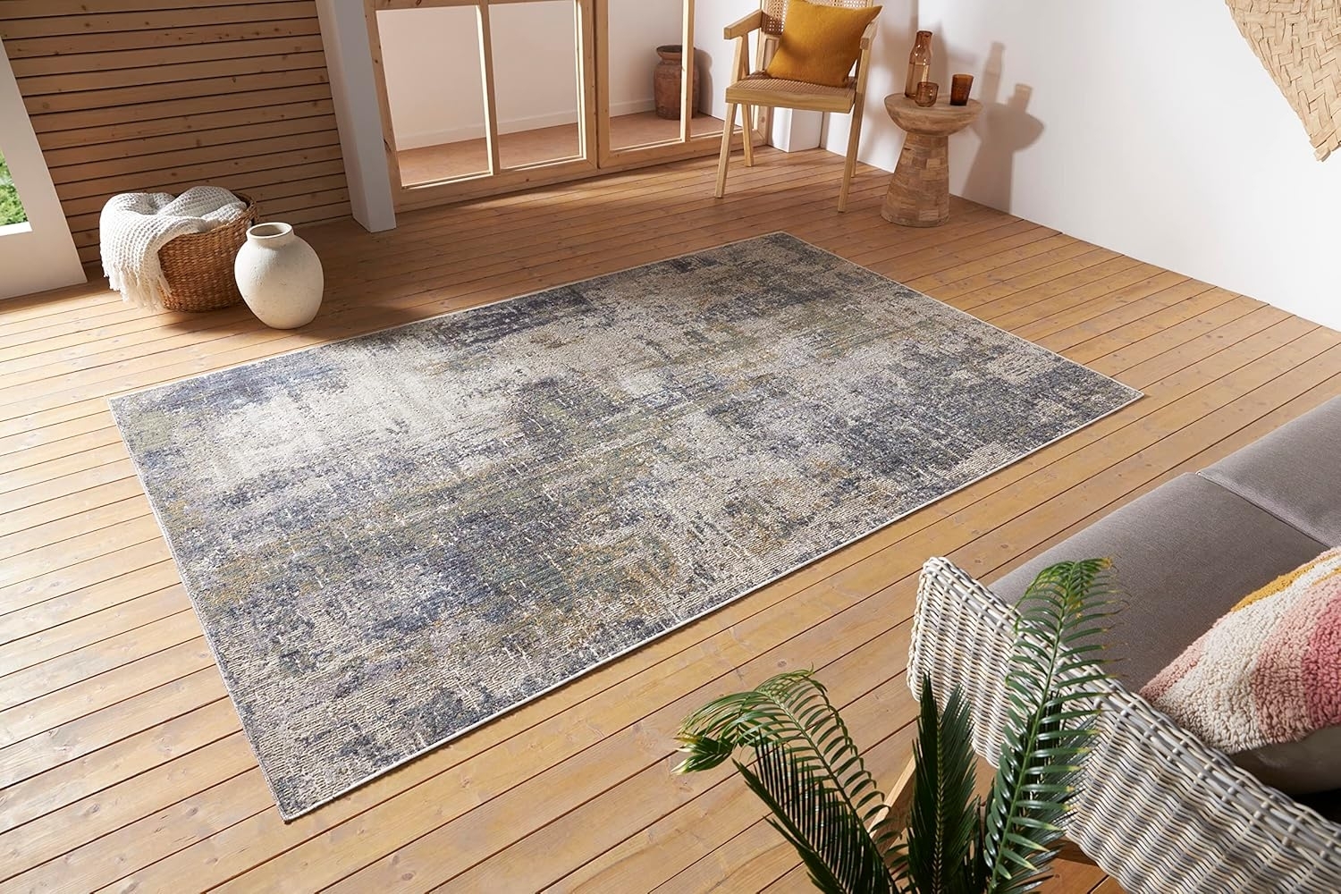 Nouristan Gizeh In- & Outdoor Teppich Flachgewebe – Modernes Design, Vintage Optik, Used Look, Waschbar, Wetterfest & UV-beständig für Balkon, Terrasse, Garten, Wohnzimmer – Creme Blau, 190x280 cm Bild 1