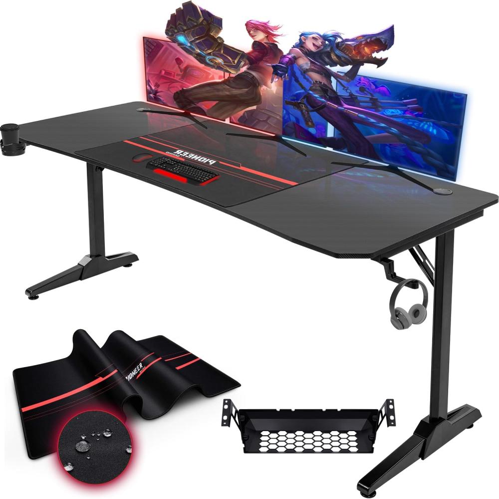 Devoko Gaiming Tisch 180cm Gaming Schreibtisch Gamer Computertisch Ergonomischer PC Tisch mit Kabelaufbewahrungsbox, Getränkehalter und Kopfhörerhalter T-förmiger (Schwarz, 180 x 70 x 75 cm) Bild 1