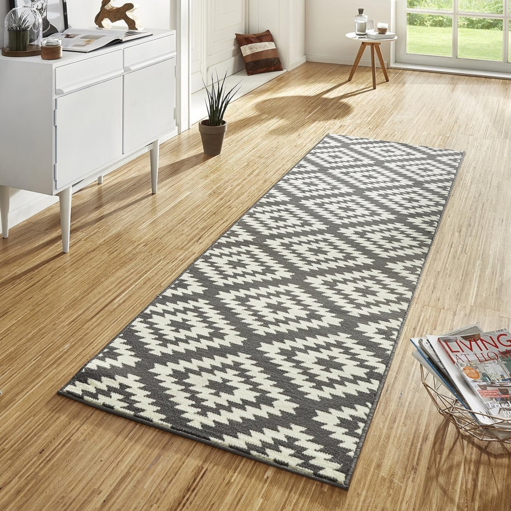 Kurzflor Teppich Läufer Nordic grau creme - 80x400x0,9cm Bild 1
