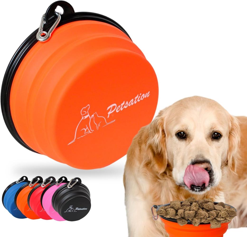 PETSATION – Hundenapf faltbar für unterwegs [Das Original] Futternapf Hund ideal für den Alltag – 2x 1000 ml Wassernapf – Trinknapf für den Hund - Reisenapf, Fressnapf, Napf (2 x 1000 ml, Orange) Bild 1